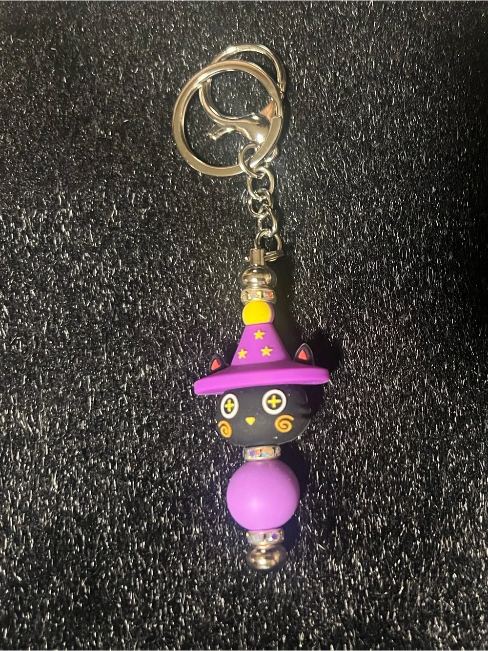 Witch Cat Bead Keychain Set — Purple, Yellow & Orange